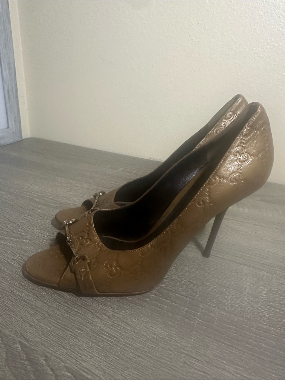 Gucci Metallic Brown Embossed Peep-Toe Stiletto Heels, women size 41